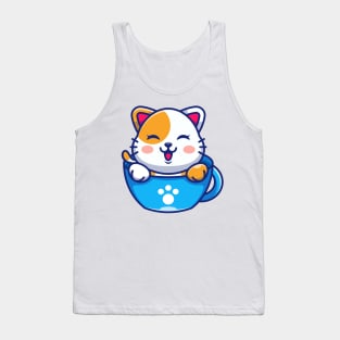 Cute cat on cup coffee cartoon Tank Top